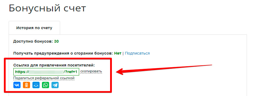 Личный кабинет: блок с реферальной ссылкой для копирования